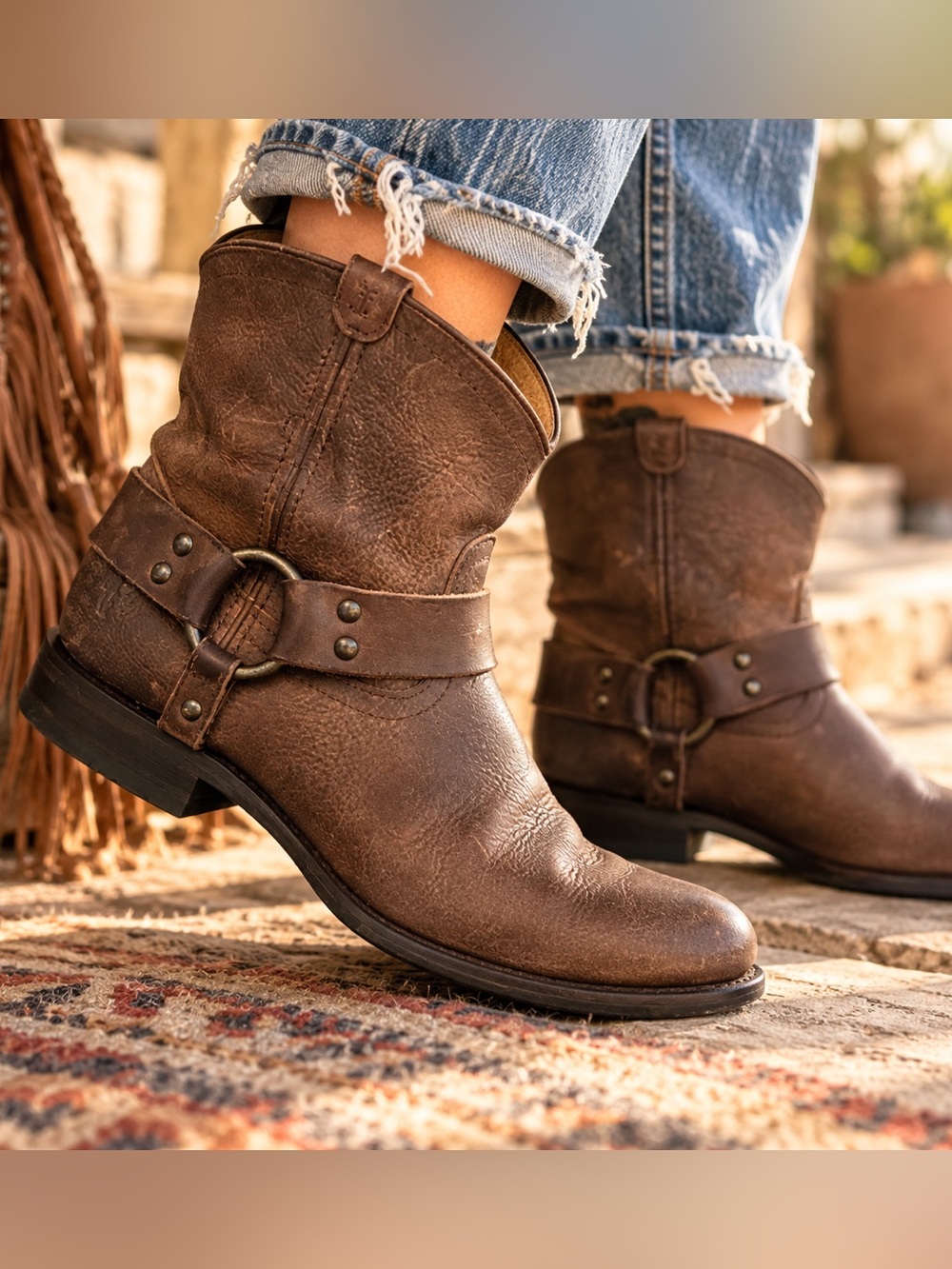Frye Woman’s Brown Leather Harness Ankle Boots Made in Mexico Size 8B #76682